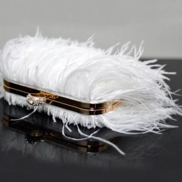 🌸 OSTRICH PURSE FEATHER HARD CLUTCH BAG BOHO CHIC DESIGNER ELITE HANDLE CHAIN - Picture 12 of 12